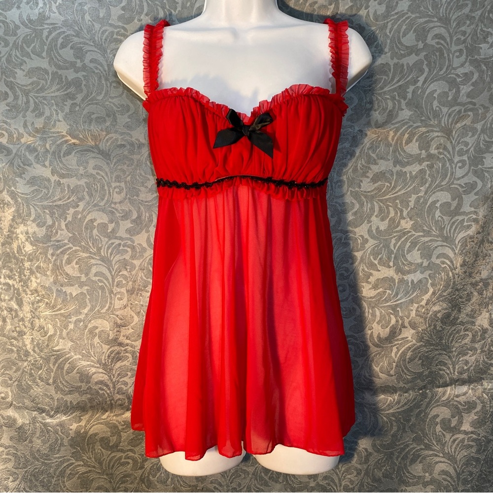 Red Sheer Mesh L Babydoll Lingerie Valentine Sexy Ruffles Nightie Flirt Dress